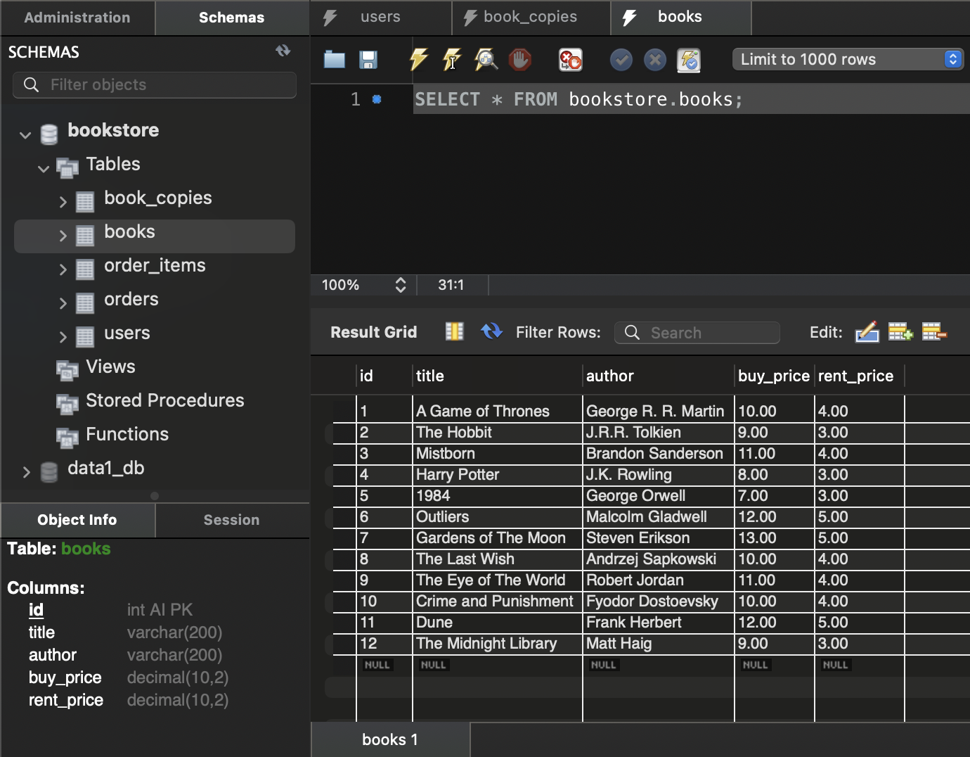 MySQL database screenshot